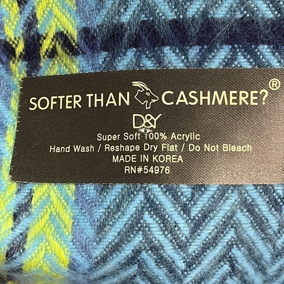 Softer Than Cashmere? D&Y Plaid Scarf Blue Black Pink and Yellow with Tassels - Picture 7 of 7
